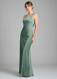 Azazie Madelyn Bridesmaid Dresses Eucalyptus Mermaid One Shoulder Stretch Satin Convertible Dress image6