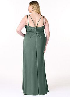 Azazie Aqua Robes de demoiselle d'honneur Robe Trapèze en Satin extensible Col V plissé Mousse De Mer image9