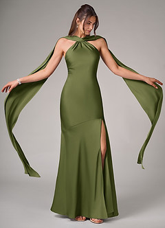 Azazie Kinsley Bridesmaid Dresses Olive Mermaid Side Slit Stretch Satin Dress image2