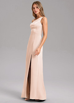 Azazie Feby Bridesmaid Dresses Blushing Pink A-Line One Shoulder Stretch Satin Dress image4
