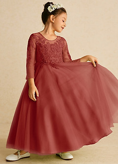 Azazie Precious Robe Demoiselle D'honneur Fillette Robe Trapèze en Tulle Dentelle Terracotta image2