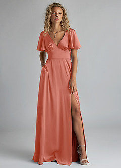 Azazie Kimber Bridesmaid Dresses Salmon Pink A-Line Ruched Stretch Satin Dress image1