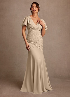 Azazie Jolene Mother of the Bride Dresses Champagne Mermaid Pleated Floral Burnout Dress image4