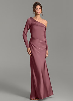 Azazie Sandra Bridesmaid Dresses Desert Rose Mermaid Long Sleeve Stretch Satin Dress image5