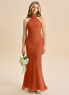 Azazie Velli Junior Meerjungfrau-Linie Hoher Kragen Chiffon Kleid Gebranntes Orange image1