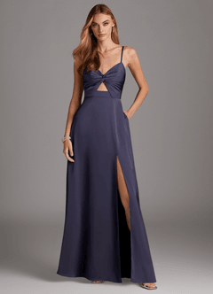 Azazie Jenna Robes de demoiselle d'honneur Robe Trapèze en Satin extensible Plissée Bleu Orageux image2