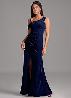 Azazie Madelyn Vestidos de damas de honor Vestido de Azul Marino Oscuro de terciopelo de Corte Recto con Hombro unilateral image4