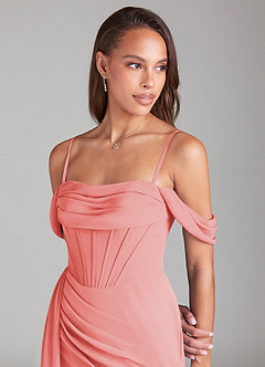 Azazie Amyra Bridesmaid Dresses Coral Sheath Off the Shoulder Chiffon Convertible Dress image6