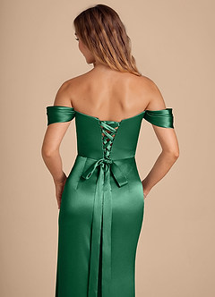 Azazie Shea Bridesmaid Dresses Dark Green Mermaid Off the Shoulder Metallic Satin Convertible Dress image2