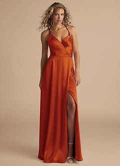 Azazie Davis Jurken voor bruidsmeisjes Jurk van Metaalachtig Satijn met A-Lijn Geplooid Paprika image2