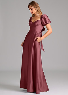 Azazie Fatima Robes de demoiselle d'honneur Robe Trapèze en Satin extensible Plissée Rose Du Désert image5