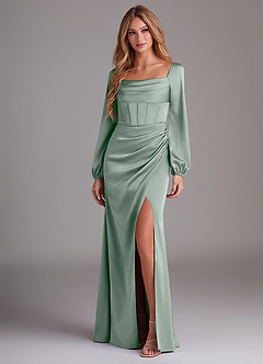 Azazie Charissa Bridesmaid Dresses Agave Sheath Long Sleeve Stretch Satin Dress image4