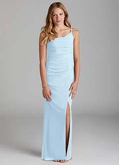 Azazie Deandra Junior Sky Blue Sheath Mesh Dress image1