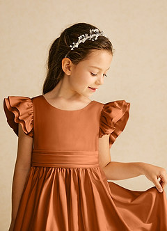 Azazie Piglette Flower Girl Dresses Copper A-Line Bow Matte Satin Dress image3