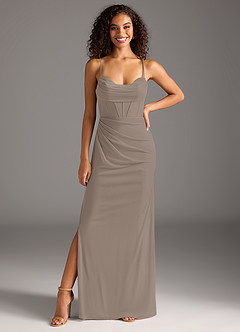 Azazie Mai Bridesmaid Dresses Taupe Sheath Pleated Mesh Dress image3