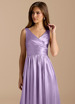 Azazie Keyla Bridesmaid Dresses Lilac A-Line Pleated Metallic Satin Dress image8