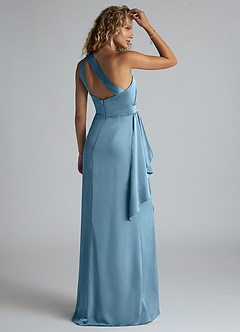 Azazie Maive Final Sale Steel Blue Sheath Ruched Stretch Satin Dress image3