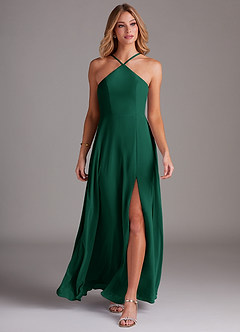 Azazie Bailey Bridesmaid Dresses Emerald A-Line Halter Side Slit Chiffon Dress image4