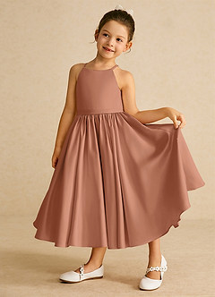 Azazie Sunray Flower Girl Dresses Bronzer A-Line Spaghetti Strap Matte Satin Dress image3