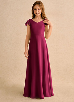 Azazie Nari Girls Formal Robe Demoiselle D'honneur Fillette Robe Trapèze en Mousseline de soie avec manches Bourgogne image5