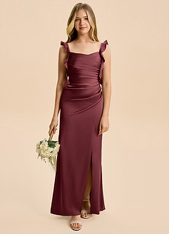 Azazie Jessamine Junior Merlot Sheath Ruched Stretch Satin Dress image1