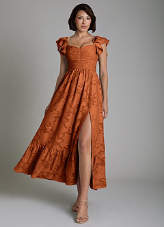 Azazie Anaya Bridesmaid Dresses Burnt Orange A-Line Ruched Floral Burnout Dress image1