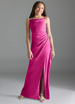 Azazie Leonis Junior Fuchsia A-Line Pleated Stretch Satin Dress image1
