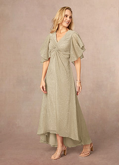 Azazie Mollina Mother of the Bride Dresses Champagne Gold A-Line Ruffle Flutter Sleeve Metallic Mesh Dress image2