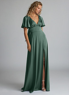 Azazie Kimber Bridesmaid Dresses Eucalyptus A-Line Ruched Stretch Satin Dress image4
