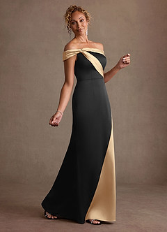 Azazie Constance vestidos de madre de la novia Vestido Negro Champán de Satén Elástico de Corte Sirena con Hombros descubiertos image4
