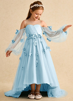 Azazie Karrie Abiti da Ragazza di Fiori Abito A-Line in Tulle Con Maniche Azzurro image4
