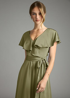 Azazie Lainey Bridesmaid Dresses Pistachio A-Line with Pockets Stretch Satin Dress image6