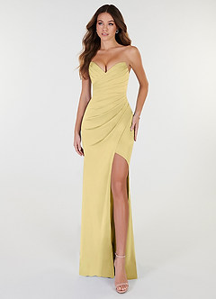 Azazie Yola Bridesmaid Dresses Lemon Sorbet Sheath V-Neck Pleated Stretch Satin Convertible Dress image1