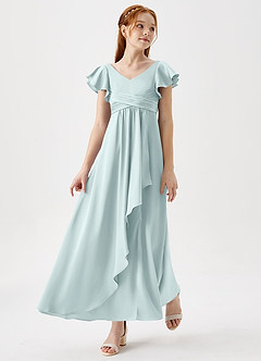 Azazie Omari Junior Mist A-Line Pleated Stretch Satin Dress image1