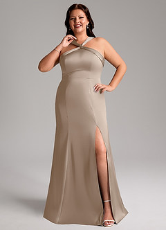 Azazie Rue Bridesmaid Dresses Taupe Mermaid Pleated Stretch Satin Dress image8