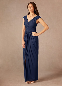 Azazie Lisolette vestidos de madre de la novia Vestido de Azul Marino Oscuro de Malla de Recto con Plisado image3