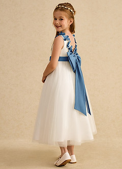 Azazie Lilli Flower Girl Dresses Ivory Steel Blue A-Line Bow Tulle Dress image4