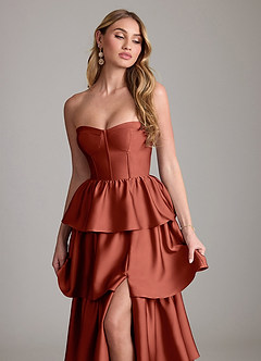 Azazie Faye Bridesmaid Dresses Terracotta A-Line Ruched Stretch Satin Dress image5