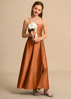 Azazie Pebbles Girls Formal Flower Girl Dresses Copper A-Line Pleated Matte Satin Dress image6