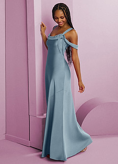 Barbie ♥ Azazie Bridesmaid Dresses Dusty Blue Sheath Pleated Stretch Satin Dress image11