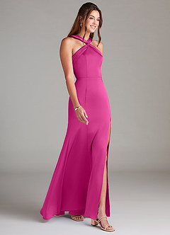 Azazie Rue Bridesmaid Dresses Fuchsia A-Line Pleated Stretch Satin Dress image4