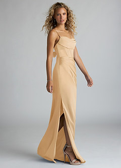 Azazie Mai Bridesmaid Dresses Gold Sheath Pleated Stretch Satin Dress image4