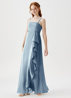 Azazie Kaylee Junior Robe Trapèze en Satin extensible avec ceinture Bleu Poussiéreux image4