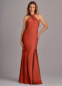 Azazie Lorena Bridesmaid Dresses Rust Mermaid Pleated Stretch Satin Dress image4