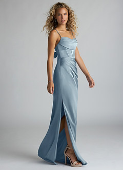 Azazie Mai Bridesmaid Dresses Dusty Blue Sheath Pleated Stretch Satin Dress image4