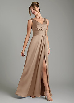 Azazie Karina Bridesmaid Dresses Taupe A-Line Pleated Stretch Satin Dress image4