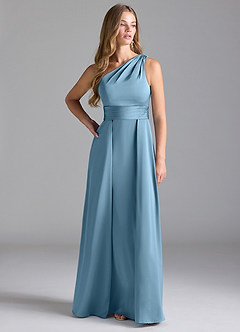 Azazie Dallas Vestidos de damas de honor Vestido de Azul Acero de Satén Elástico de Corte en A con Hombro unilateral image3