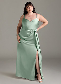 Azazie Brielle Bridesmaid Dresses Agave A-Line Cowl Spaghetti Straps Stretch Satin Dress image6