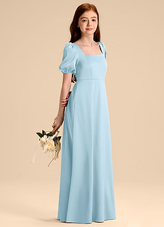 Azazie Briar Junior Vestido de Azul Cielo de Satén Elástico de Corte en A con Lazo image4