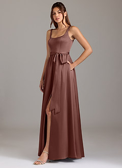 Azazie Elliott Bridesmaid Dresses Espresso A-Line with Pockets Stretch Satin Dress image4